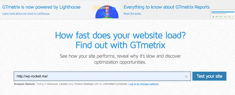 Website speed test on GTmetrix