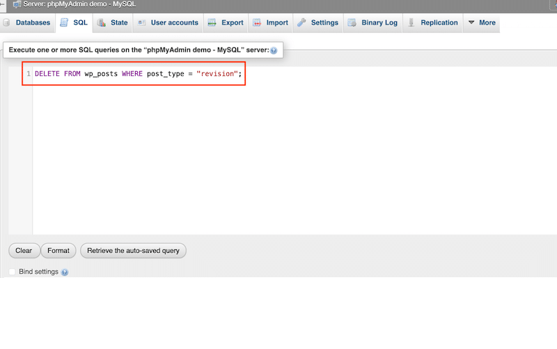 The code snippet to delete WordPress revisions from the database - Source: phpMyAdmin

