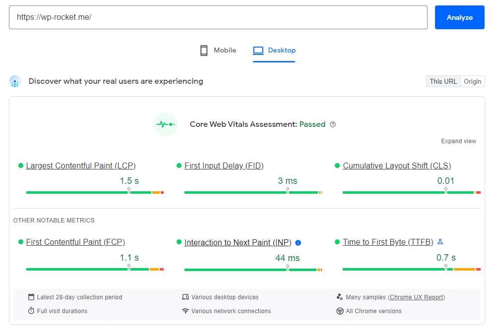 The current PageSpeed Insights test results page. 