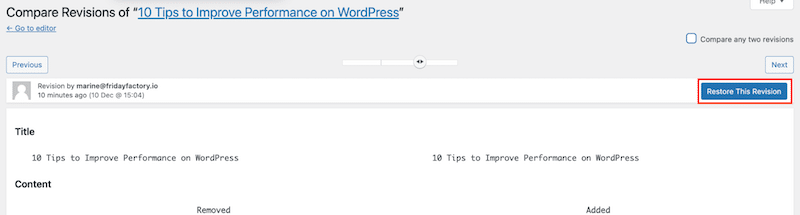 The Restore This Version button to restore an entire version - Source: my WordPress revisions interface
