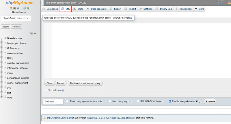 The SQL tab to run the commands - Source: phpMyAdmin
