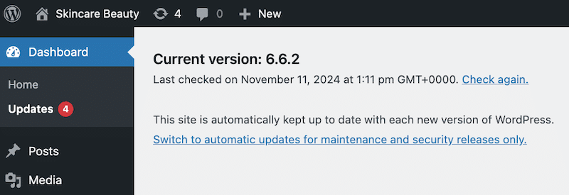 Updating WordPress - Source: the WP dashboard
