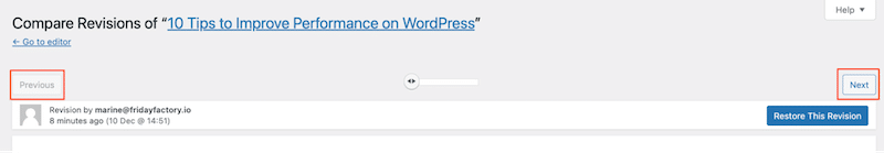 Using Previous or Next to check anterior versions - Source: my WordPress revisions interface
