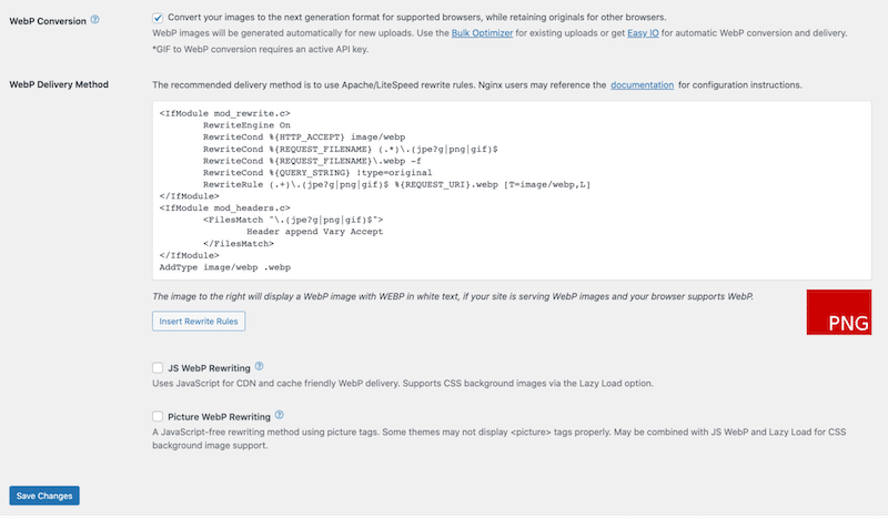 WebP conversion strategy with EWWW - Source: the EWWW WordPress dashboard