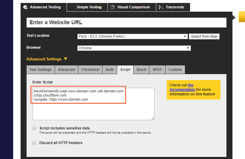 WebPageTest scripting allows you to block requests from specific domains