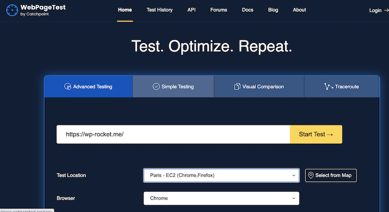 Website speed test on WebPageTest