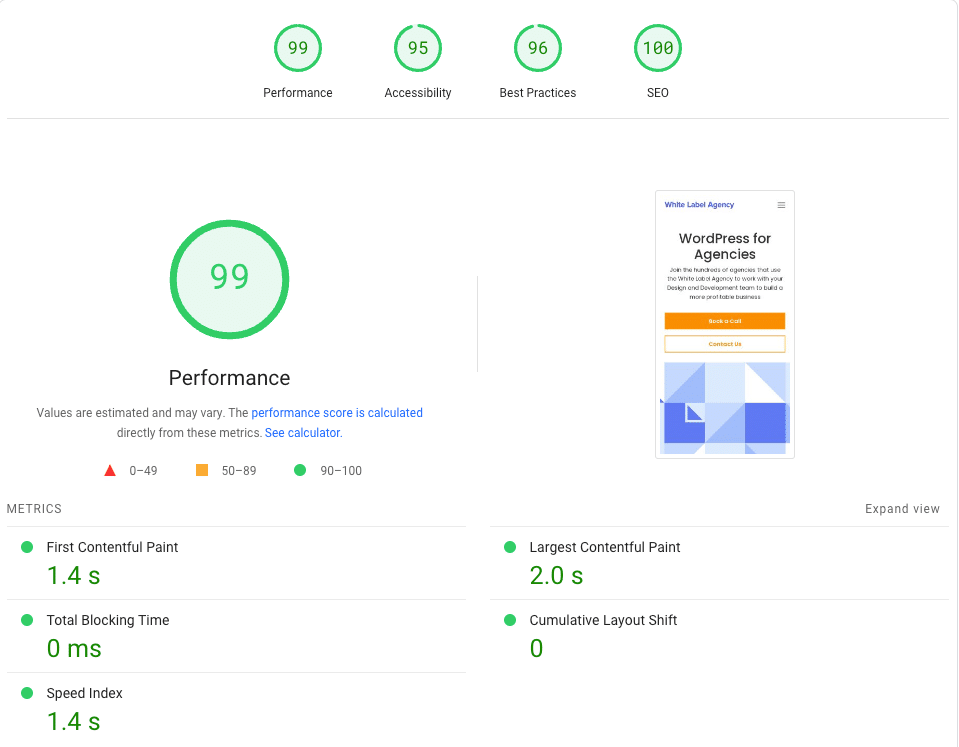 White Label agency website PageSpeed performance score
