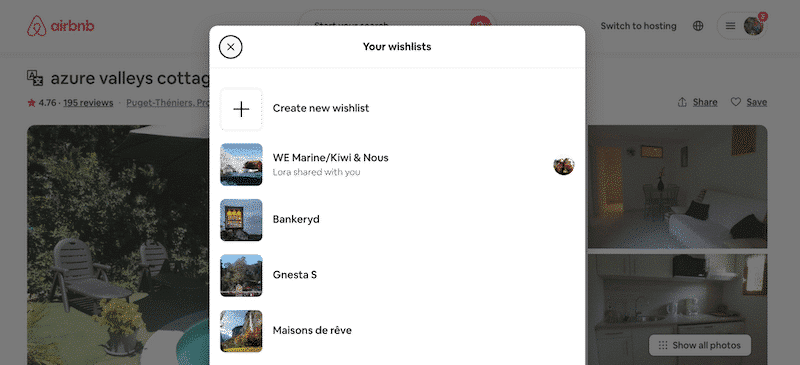 Wishlist section from Airbnb - Source: airbnb.com
