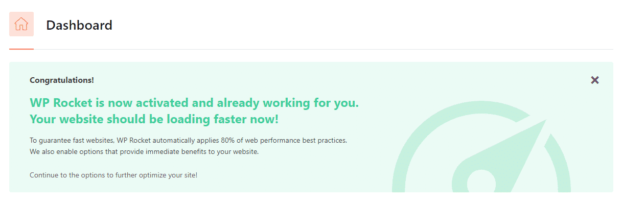 WP Rocket dashboard - Congratulations message