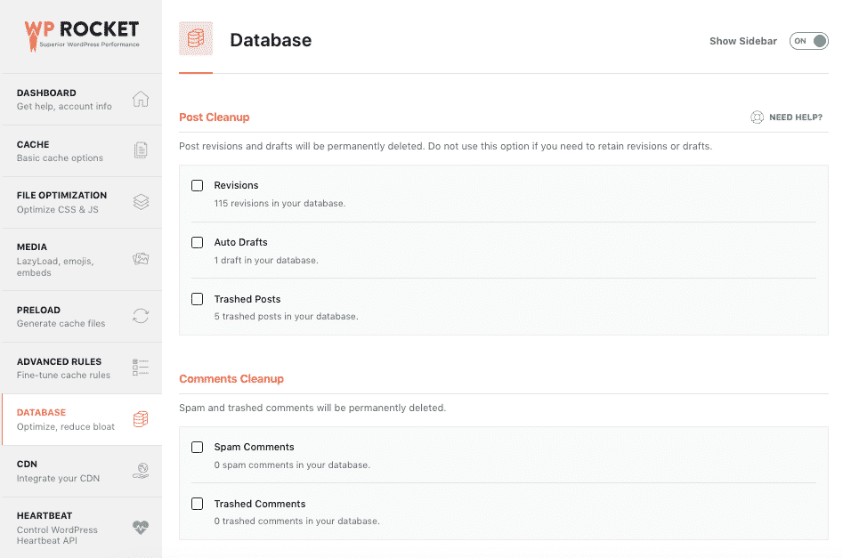 The database tab - WP Rocket