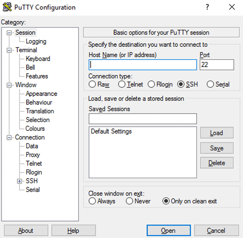 PuTTY configuration